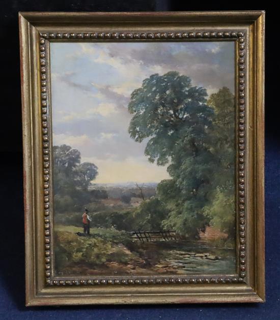 Attributed to David Cox (1783-1859) Figure fishing a river near a bridge, 9.75in. x 7.5in.